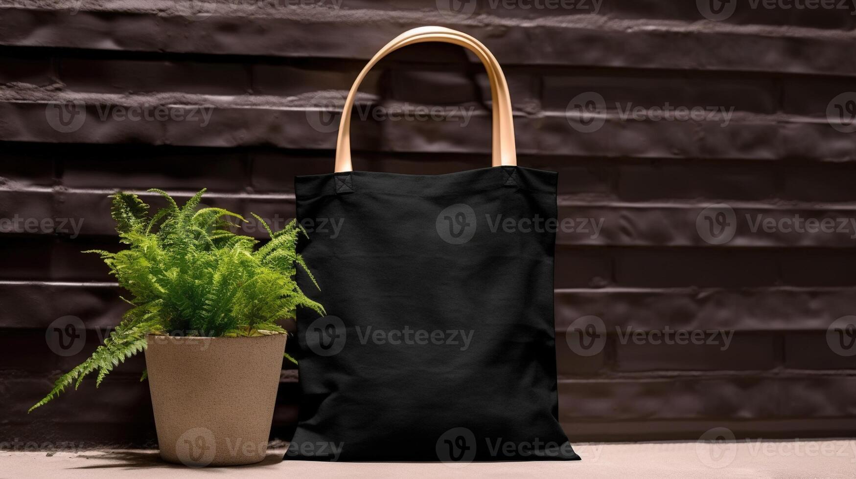 , Realistic black tote canvas fabric bag set-up in at interior or outdoor, shopper mock up blank. photo