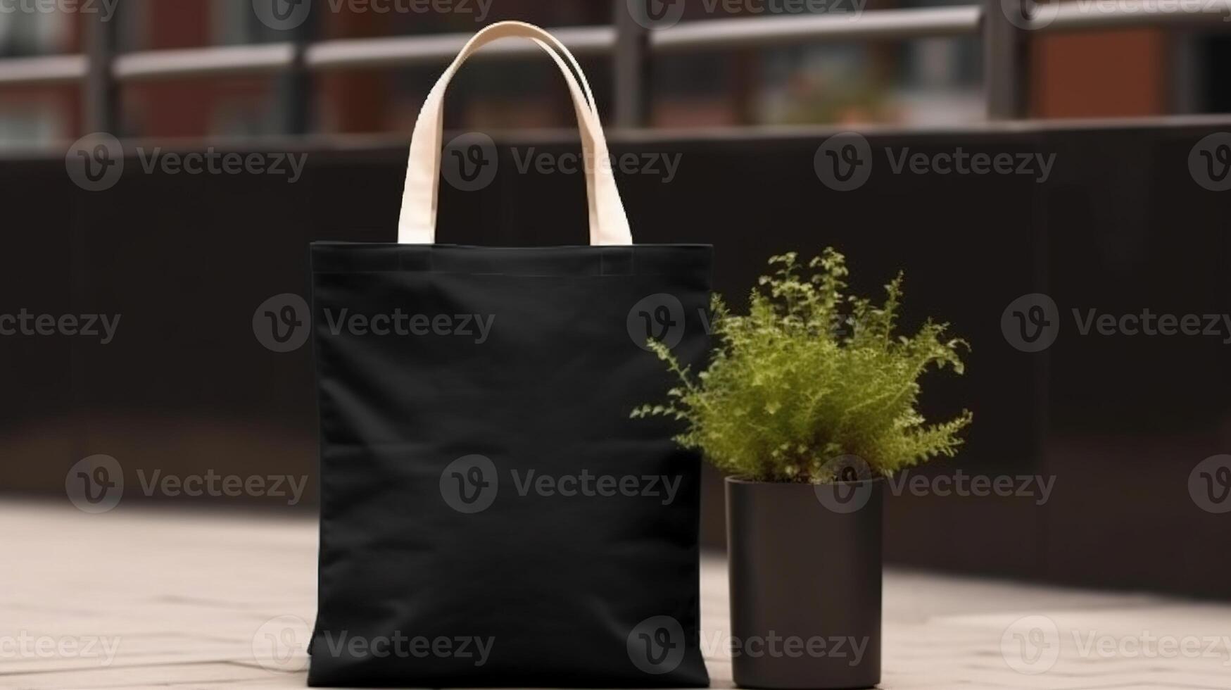 , Realistic black tote canvas fabric bag set-up in at interior or outdoor, shopper mock up blank. photo