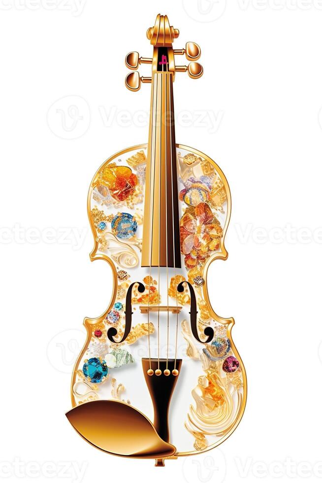 , beautiful musical instrument violin, brooch, opal stone and golden color palette isolated on white background. Bijouterie, jewelry close up photo