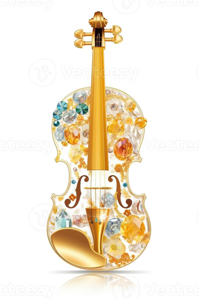 , beautiful musical instrument violin, brooch, opal stone and golden color palette isolated on white background. Bijouterie, jewelry close up photo