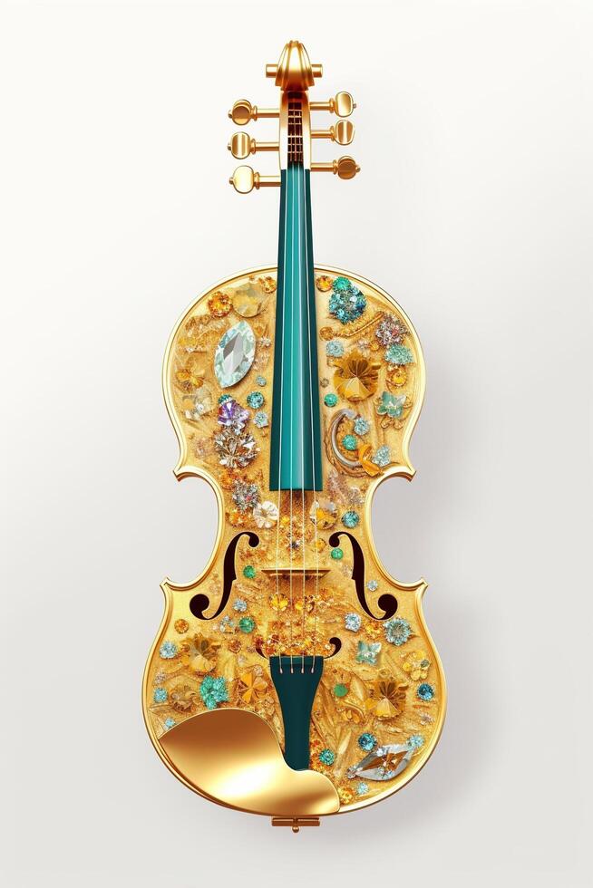 , beautiful musical instrument violin, brooch, opal stone and golden color palette isolated on white background. Bijouterie, jewelry close up photo