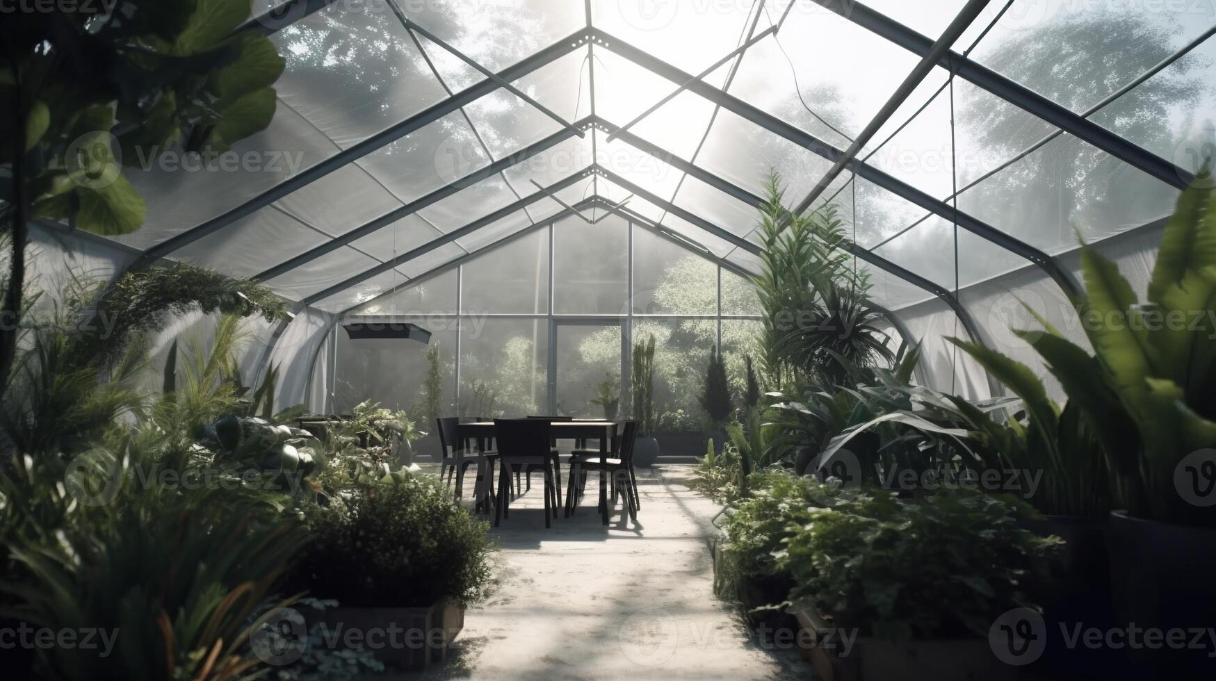 generativo ai, verde casa desde el vaso, carpa-vidrio jardín con un lote de plantas. fotorrealista efecto. foto