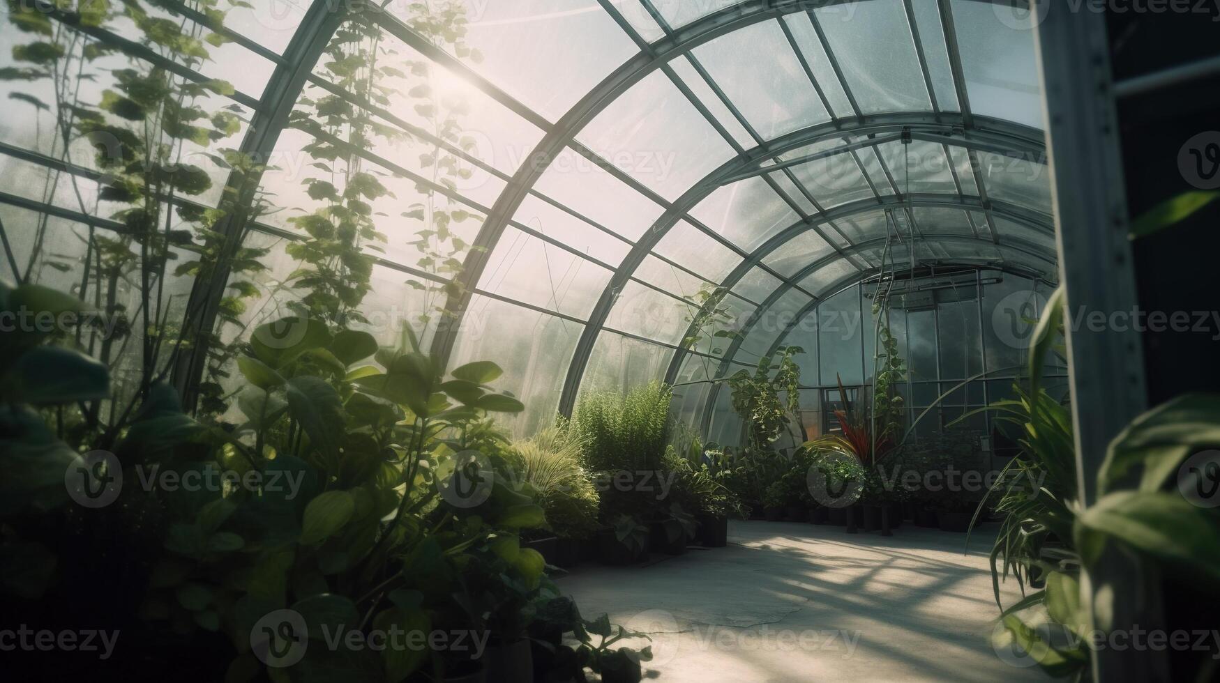 , Green house from the glass, tent-glass garden with a lot of plants. Photorealistic effect. photo