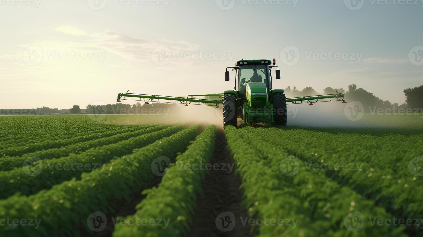 Generative AI, Tractor spraying a field, Farm landscape, agricultural beautiful countryside, country road. Nature Illustration, photorealistic top view horizontal banner. photo