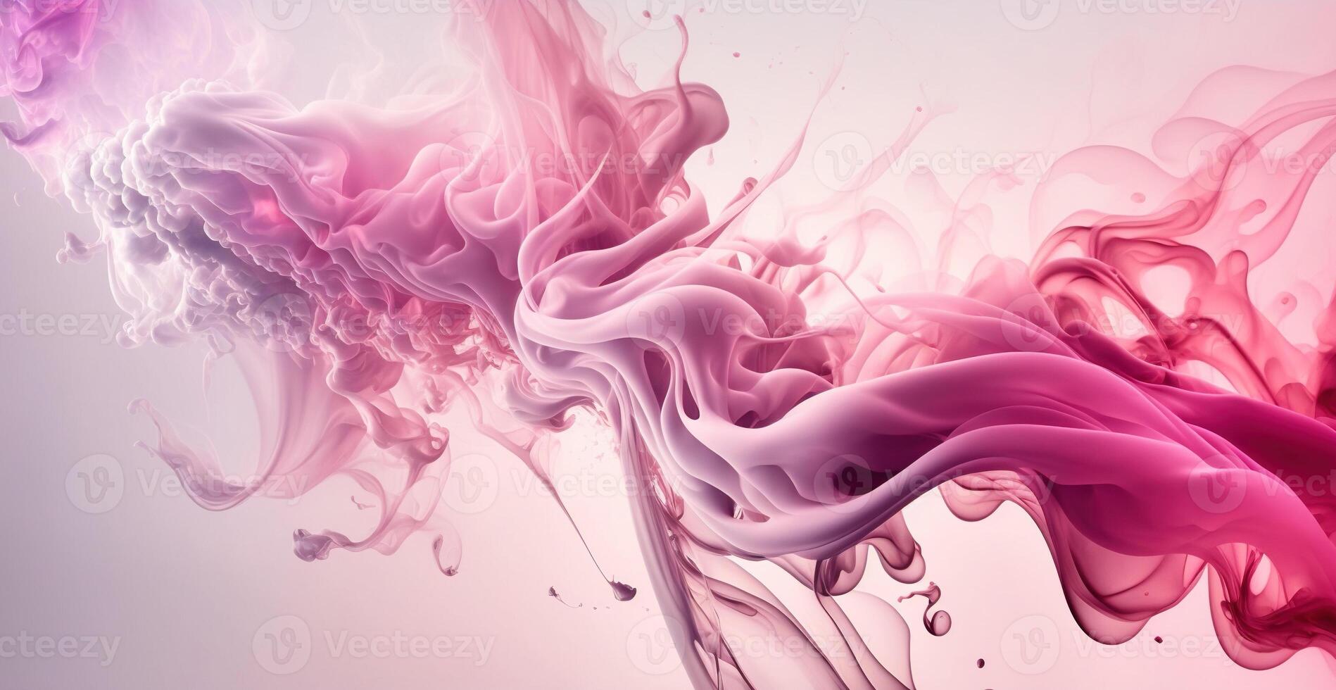 , Flowing light pink, viva magenta smoke with splashes. Soft fluid banner, spring female mood, 3D effect, modern macro realistic abstract background illustration, ink in water effect. photo