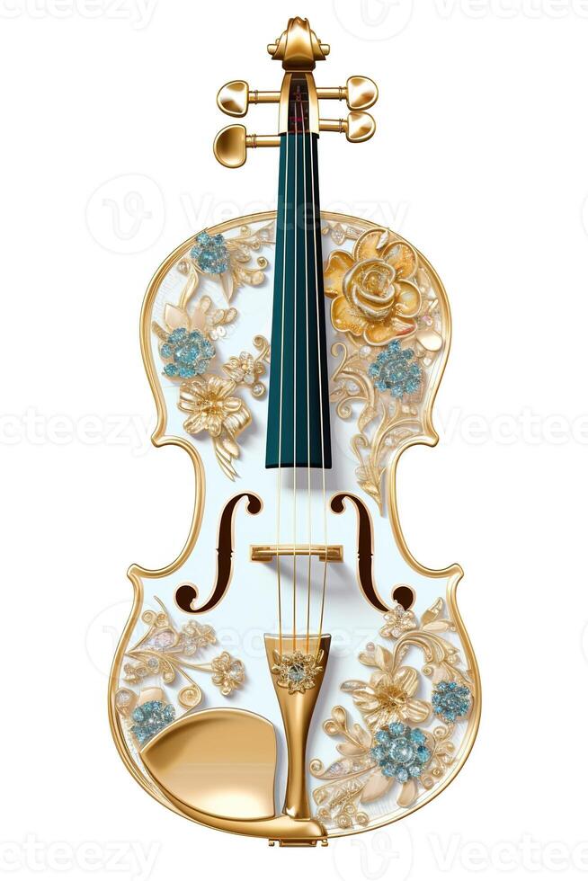 , beautiful musical instrument violin, brooch, opal stone and golden color palette isolated on white background. Bijouterie, jewelry close up photo