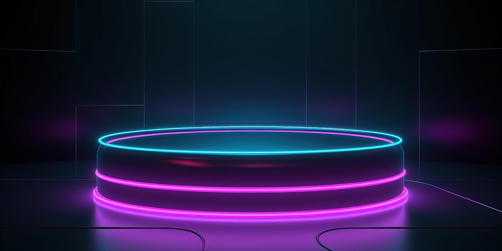 , Sci-Fi Futuristic neon glowing banner with podium. Abstract cyberpunk background for promotion goods. Mockup template photo