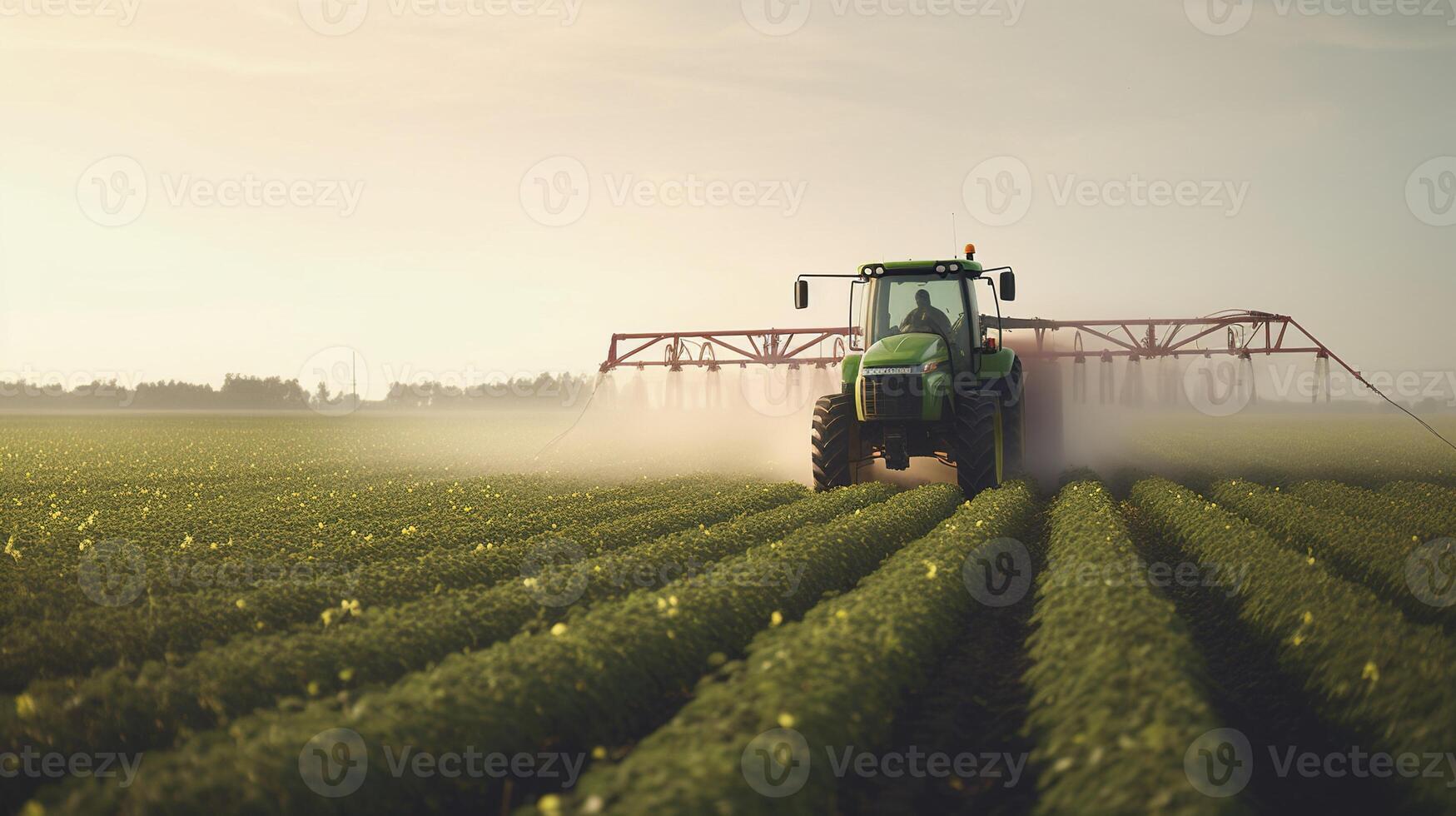, Tractor spraying a field, Farm landscape, agricultural beautiful countryside, country road. Nature Illustration, photorealistic top view horizontal banner. photo