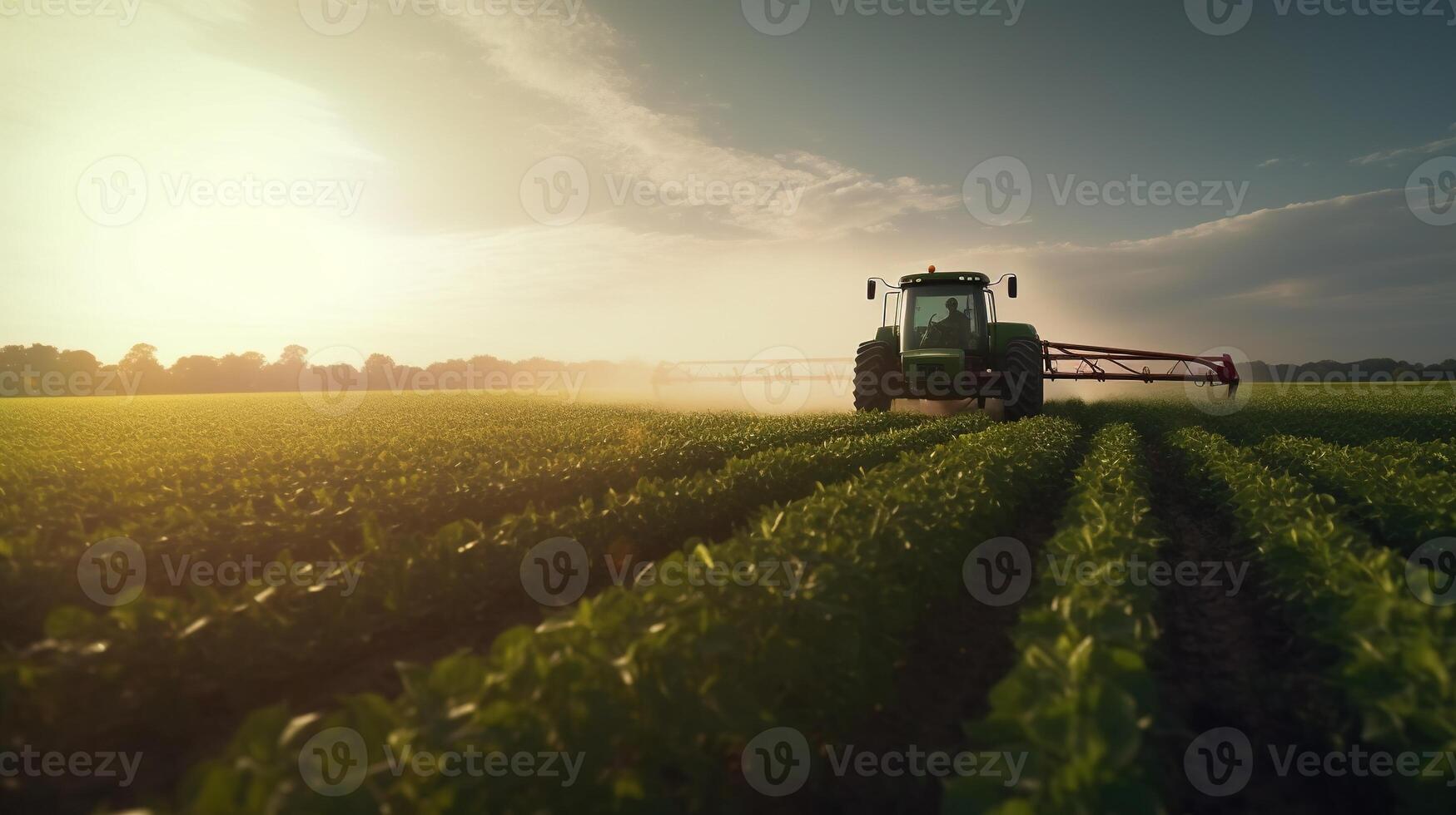 , Tractor spraying a field, Farm landscape, agricultural beautiful countryside, country road. Nature Illustration, photorealistic top view horizontal banner. photo