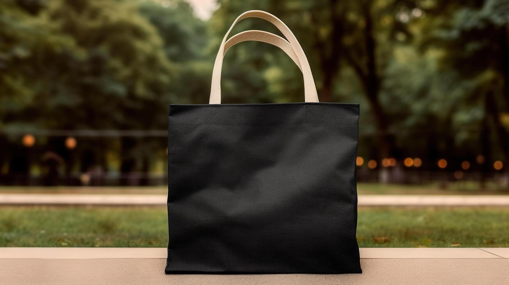 , Realistic black tote canvas fabric bag set-up in at interior or outdoor, shopper mock up blank. photo