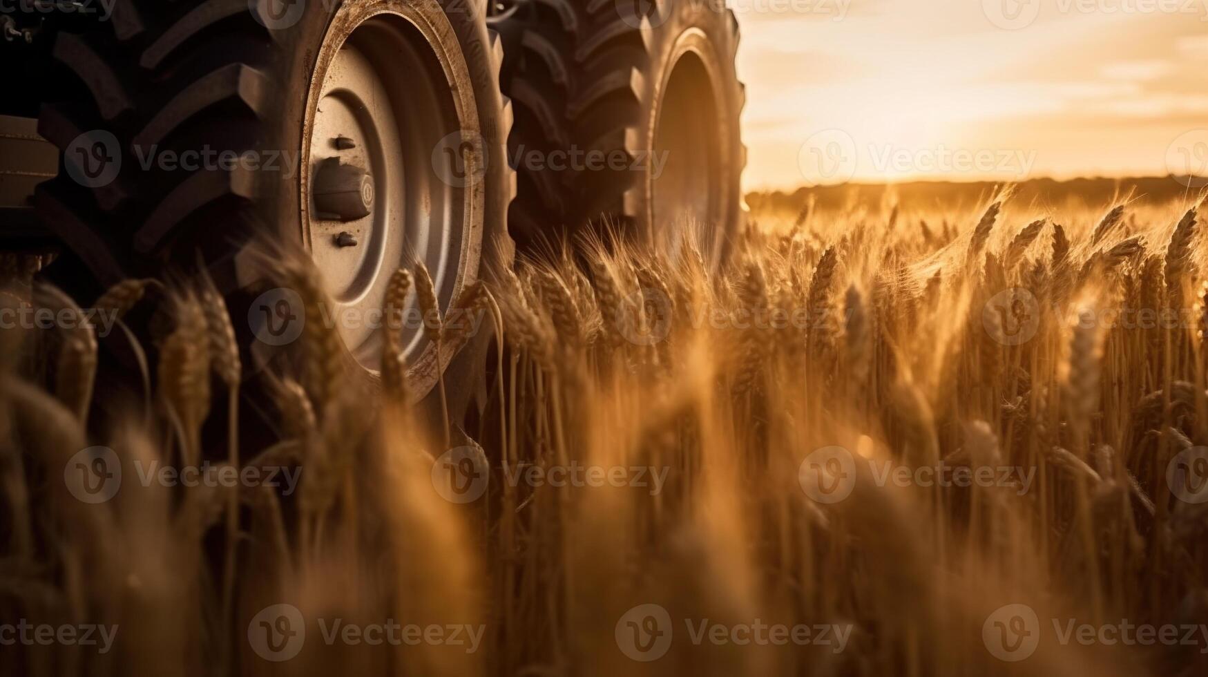 generativo ai, de cerca moderno combinar segador en un trigo campo, granja paisaje, agrícola hermosa campo. naturaleza ilustración, fotorrealista horizontal bandera. foto