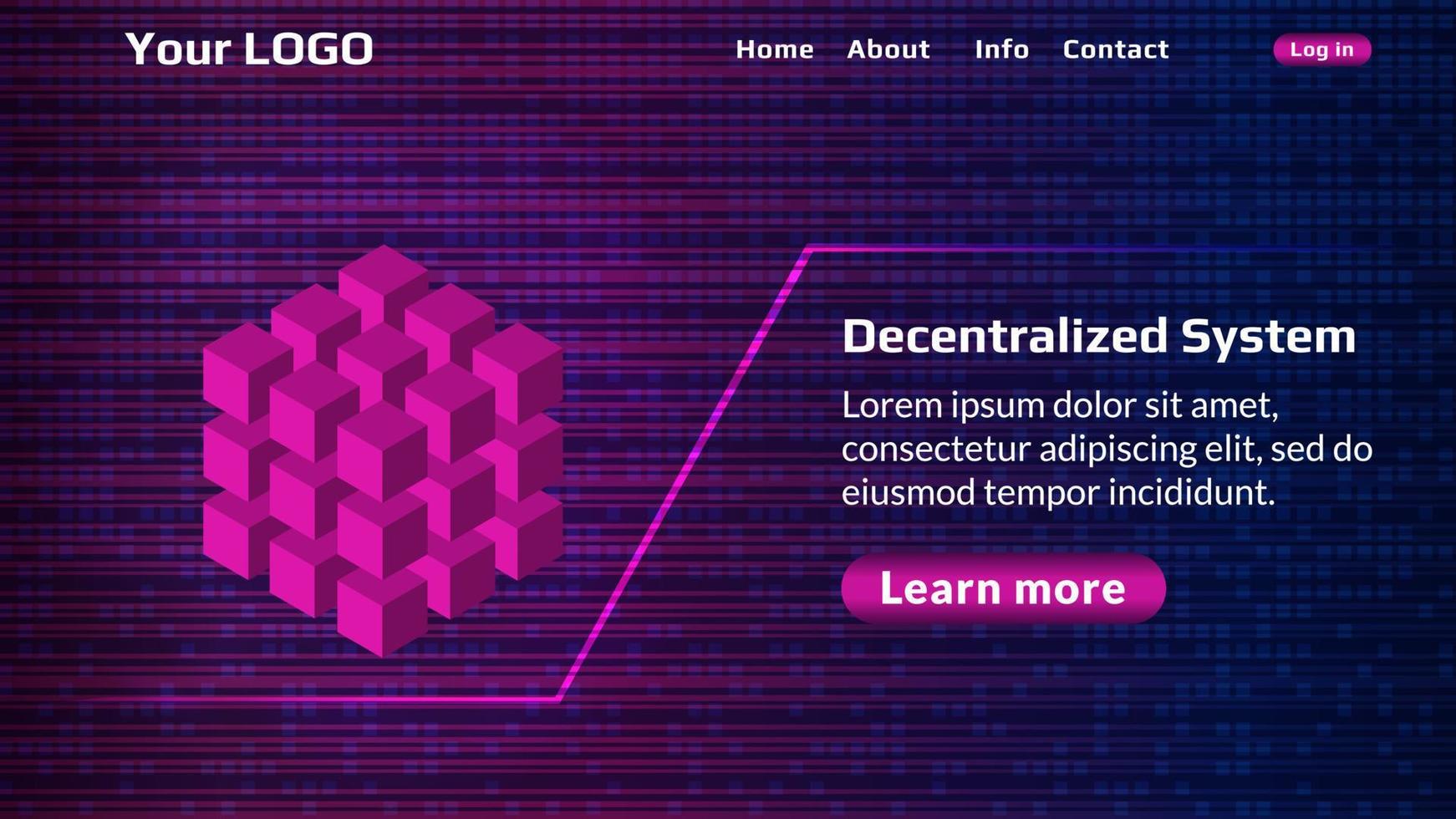 Decentralized service website start page template with digital background. Isometric cube as a symbol of decentralization. Website header layout. EPS10 vector. vector