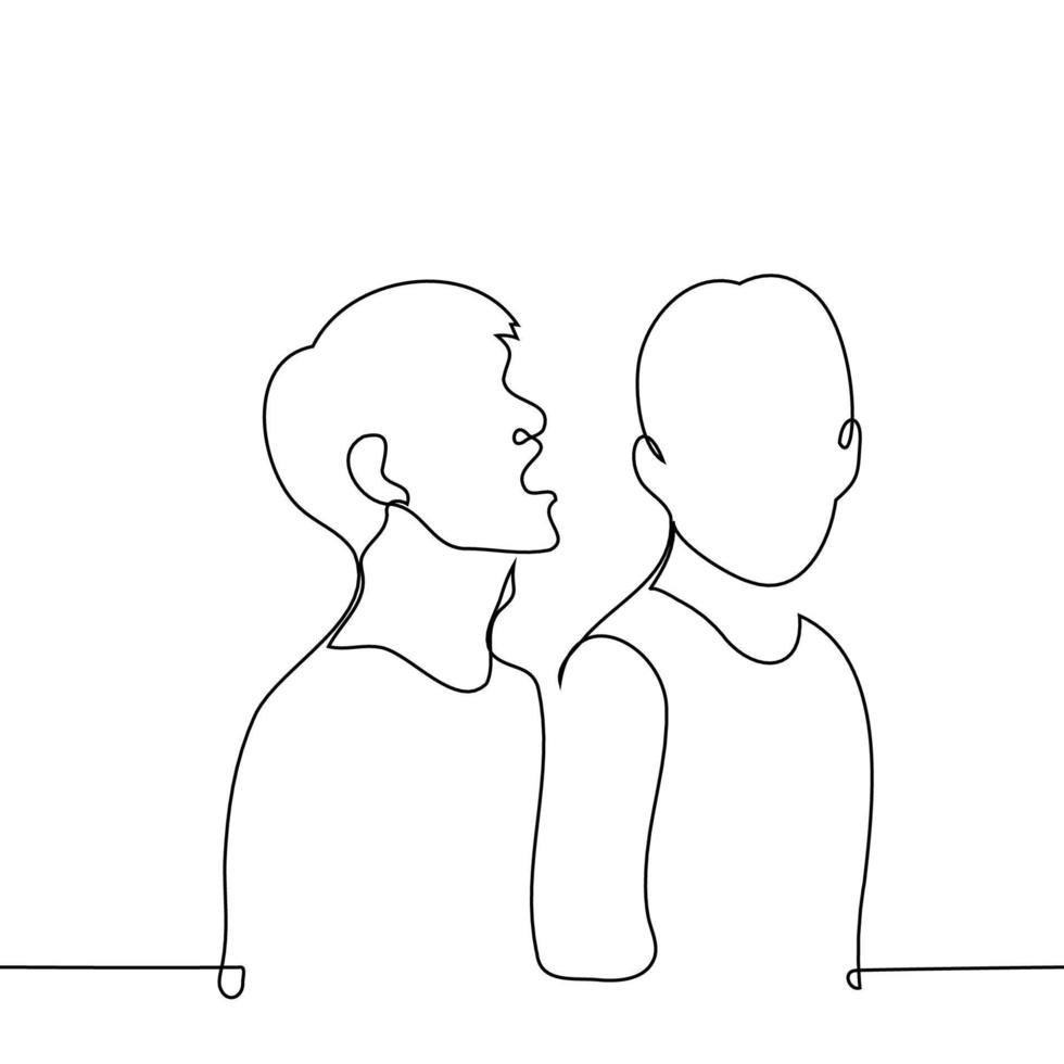 tall man stands behind close to the man and either shouts into his ear or wants to bite him - one line drawing vector. concept intrusive, impudent, noisy, stuck, annoy, bother vector