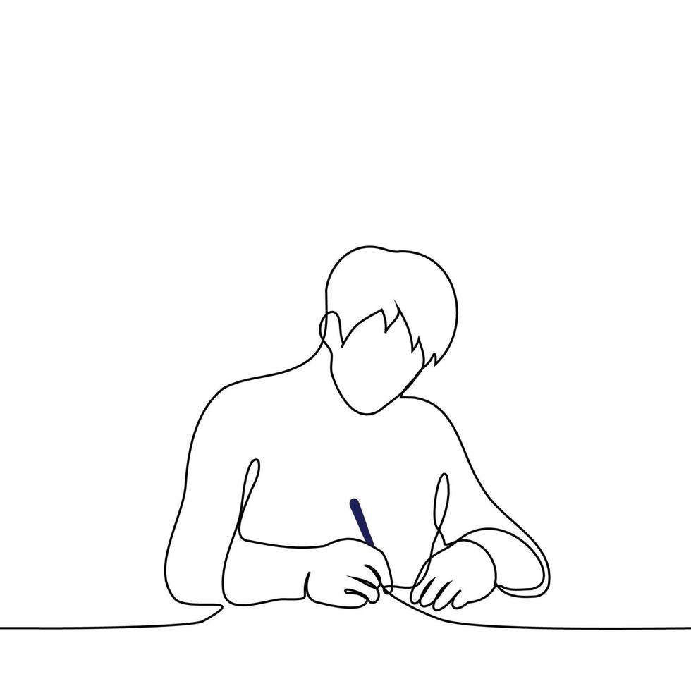 man sits at the table and writes with a pen - one line drawing vector. concept write, sign, handwriting vector