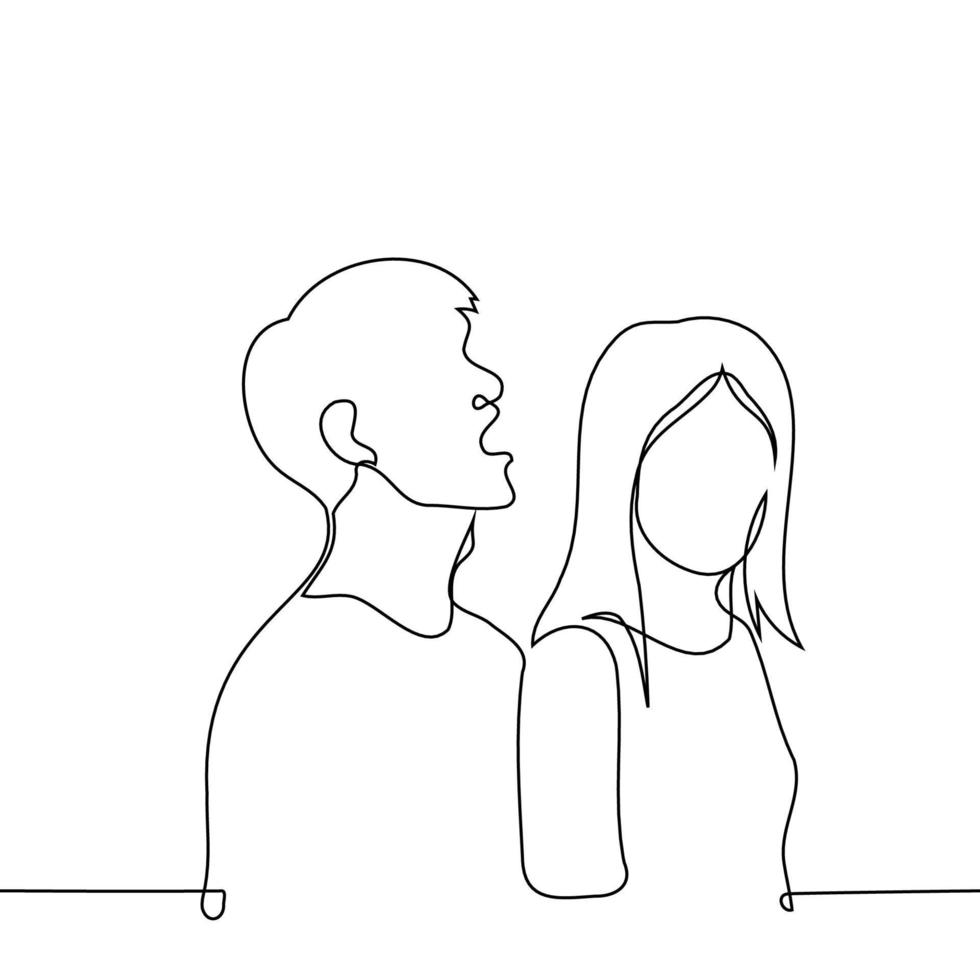 tall man stands behind close to a woman and either shouts into her ear or wants to bite her - one line drawing vector. concept intrusive, impudent, noisy, stuck vector