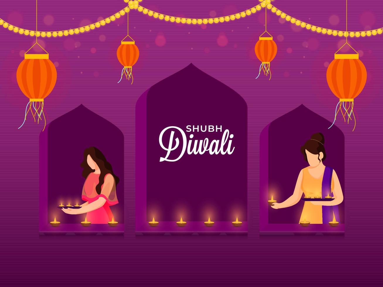 Cartoon Young Girls Decorated Windows From Lit Oil Lamps with Hanging Lanterns On The Occasion Of Diwali. vector