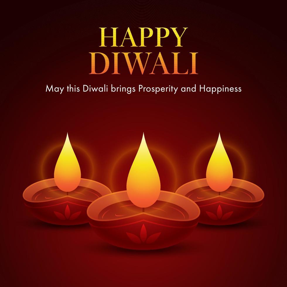 Happy Diwali Greeting Card or Poster Design with Illuminated Oil Lamps on Brown Background. vector