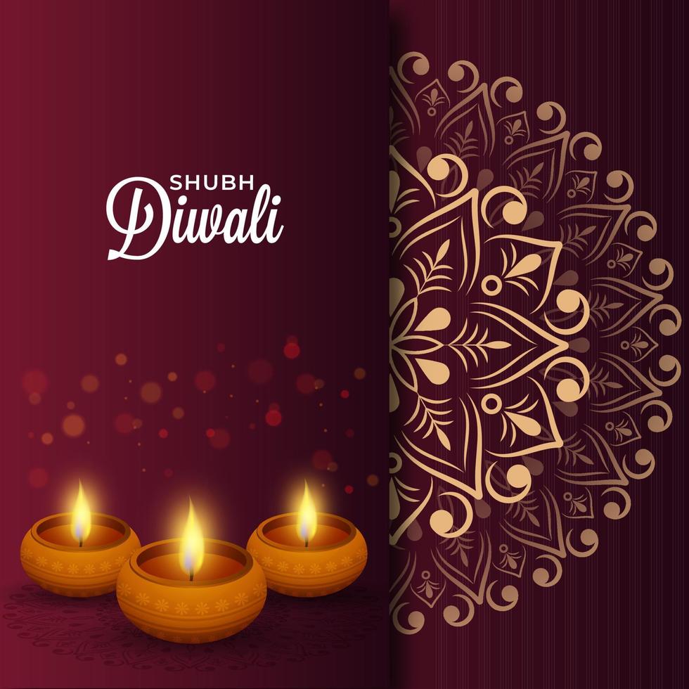 Happy Diwali Greeting Card With Mandala Pattern And Lit Oil Lamps On Dark Maroon Background. vector