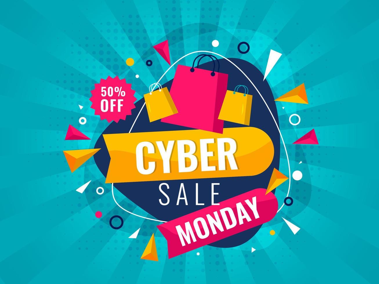 Cyber Monday Sale Label, Tag with Discount Offer and Shopping Bags on Turquoise Halftone Rays Background. vector