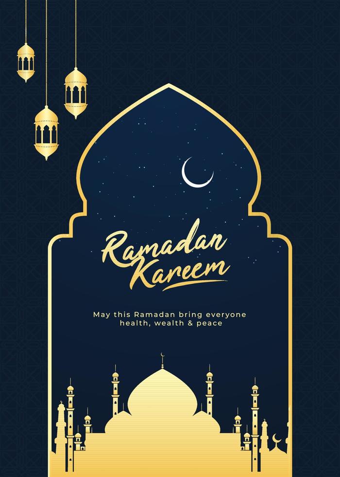 Islamic Holy Month of Ramadan Kareem Concept with Hanging Lanterns, Golden Mosque and Crescent Moon on Blue Background. vector