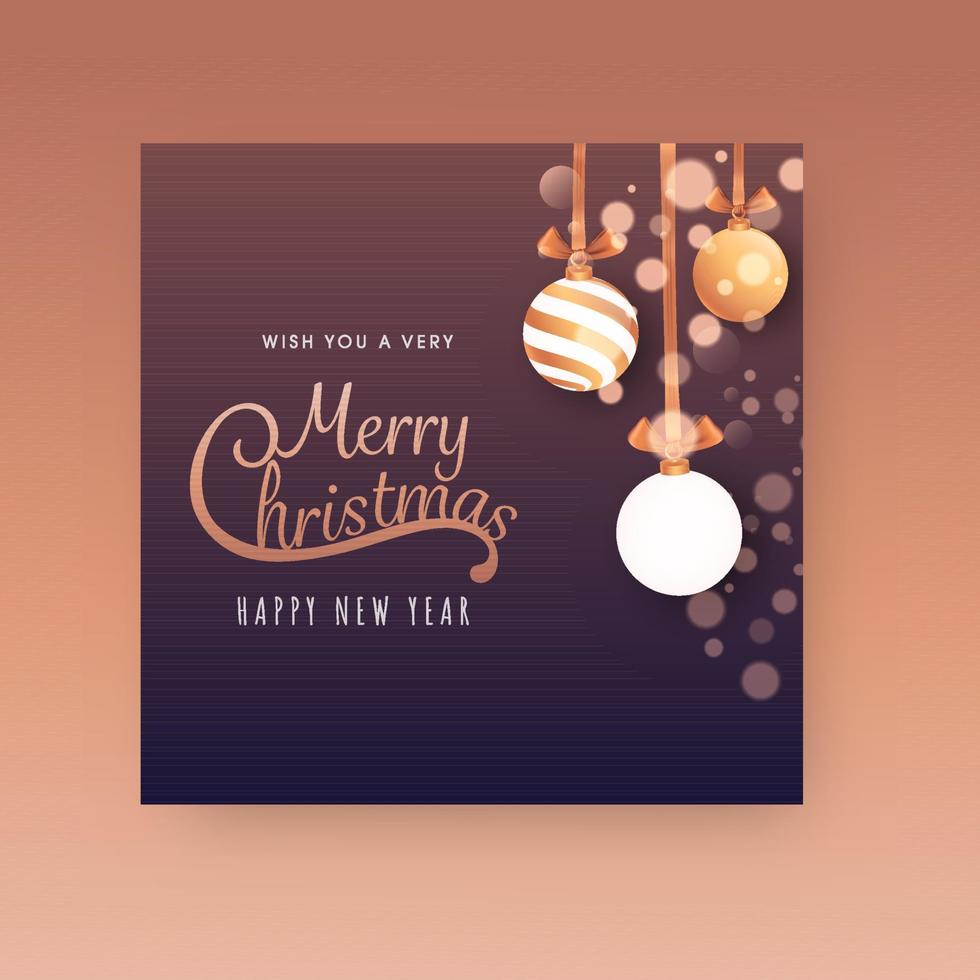 Merry Christmas New Year Celebration Poster Design Decorated With Hanging Baubles And Bokeh Effect. vector