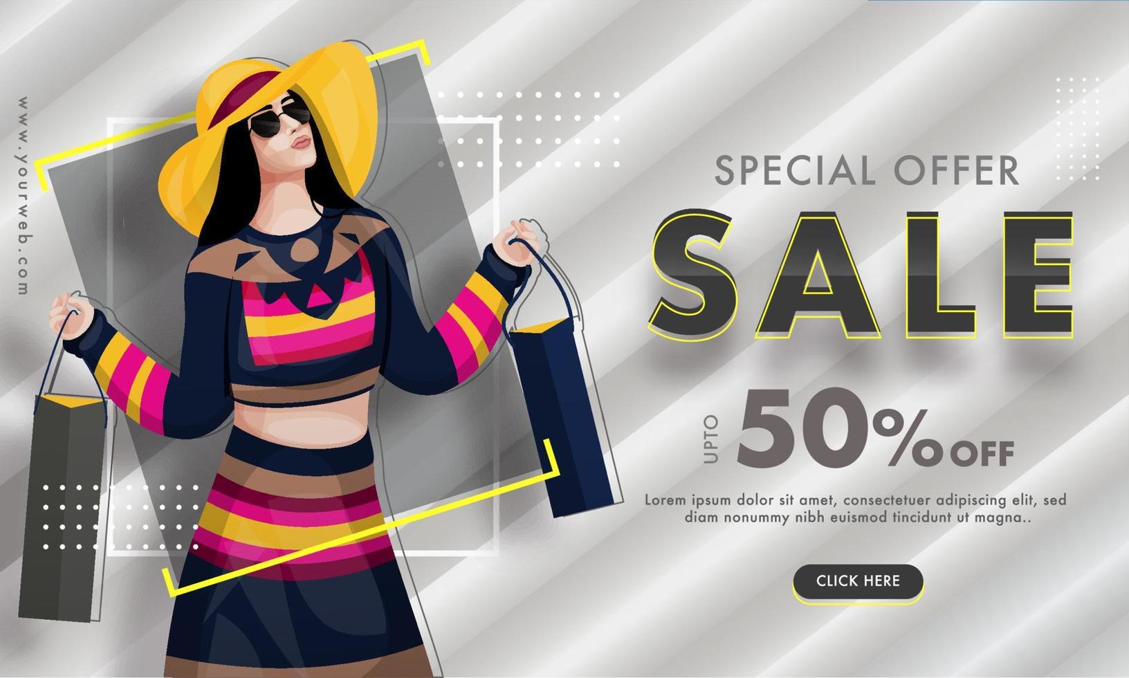Advertising Sale banner design with discount offer and fashionable woman holding shopping bag on grey striped background for Special Offer. vector