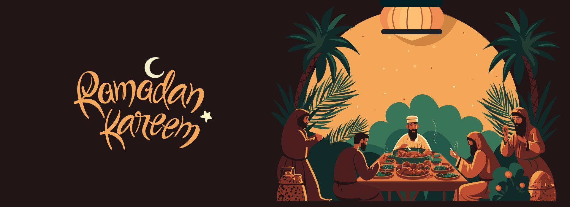 Ramadan Kareem Banner Design With Group of Islamic Men Enjoying Delicious Meals On Nature Background. vector