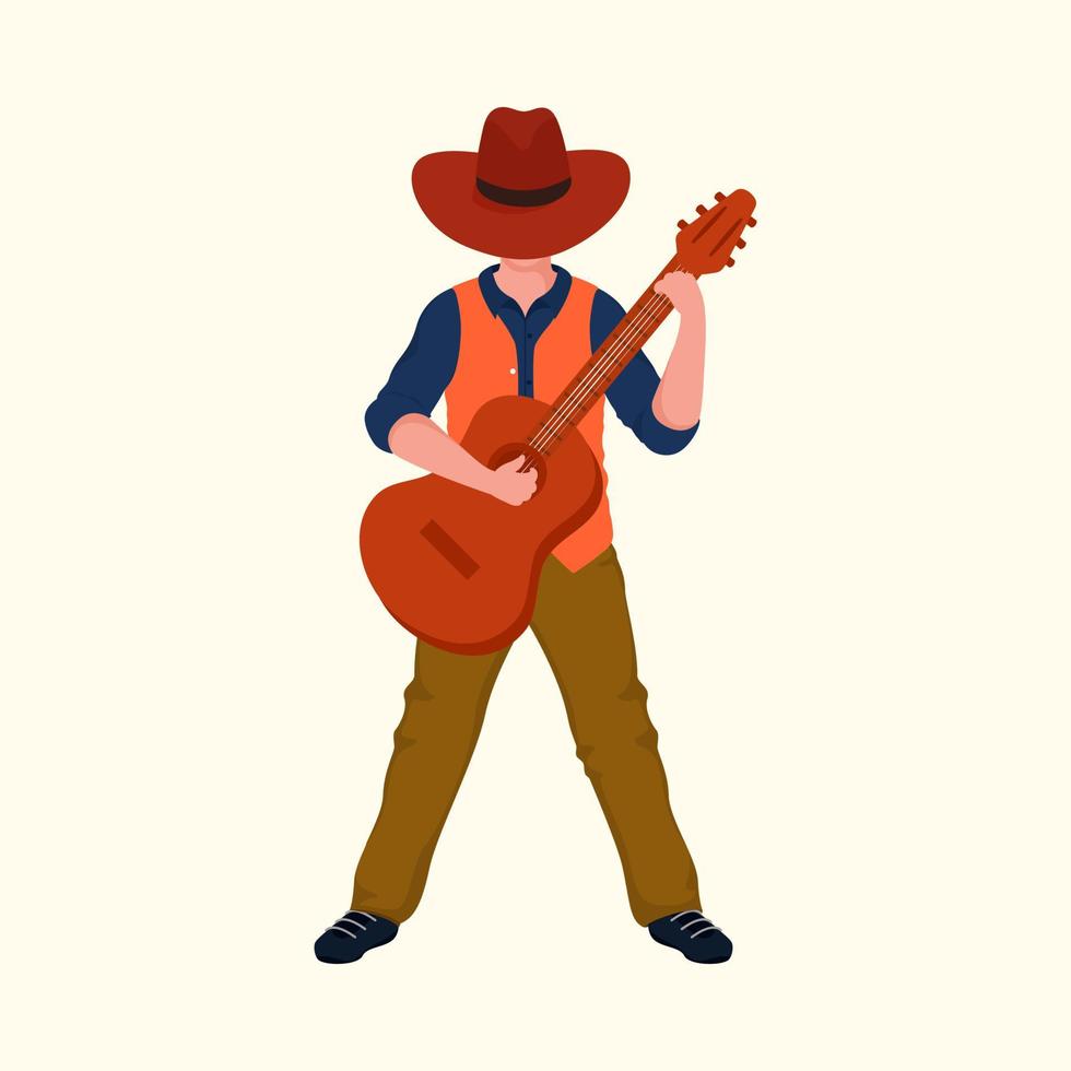 Young Cowboy Playing Guitar In Standing Pose. vector