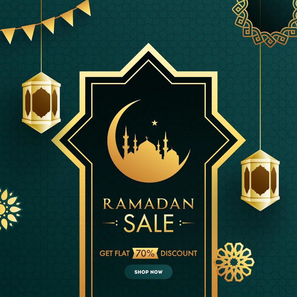 Islamic Holy Month of Ramadan, Sale Concept with Golden Cresent Moon, Mosque and Hanging Lanterns on Green Background. vector