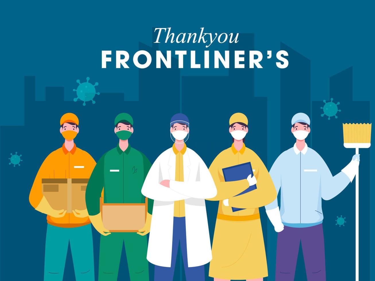 gracias usted frontliners trabajadores quien trabajo durante coronavirus brote tal como doctor, enfermero, barrendero, entrega chico ilustración. vector