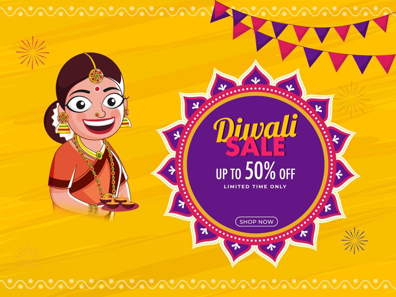 diwali rebaja póster diseño con descuento oferta y alegre indio mujer participación plato de iluminado petróleo lamparas en amarillo cepillo textura antecedentes. vector