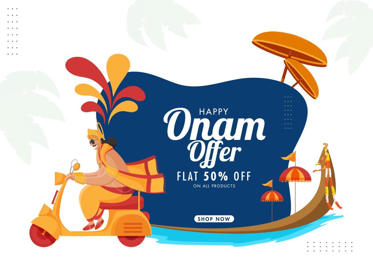 Happy Onam Sale Poster Design with Discount Offer, Aranmula Boat and King Mahabali Driving Scooter on Abstract Background. vector