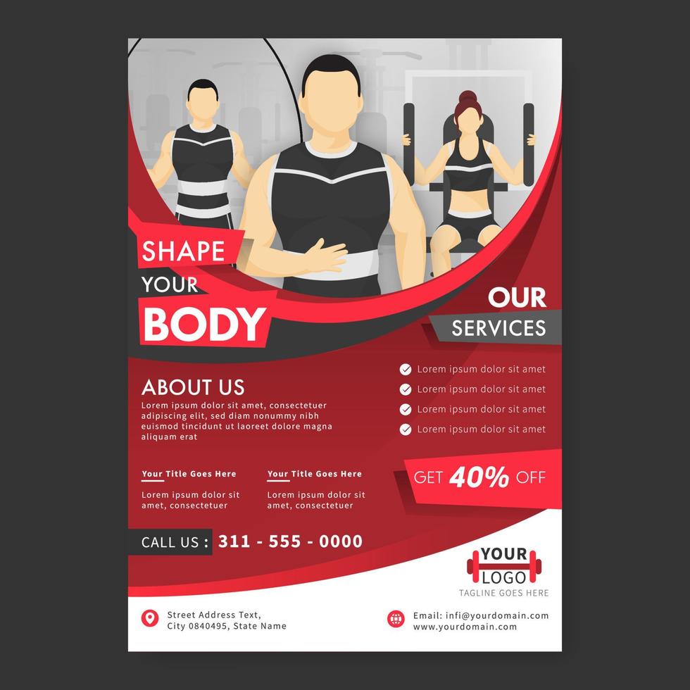 Business Flyer or Template, Brochure Layout with Discount Offer and Athletic Character for Fitness Center or Gym. vector