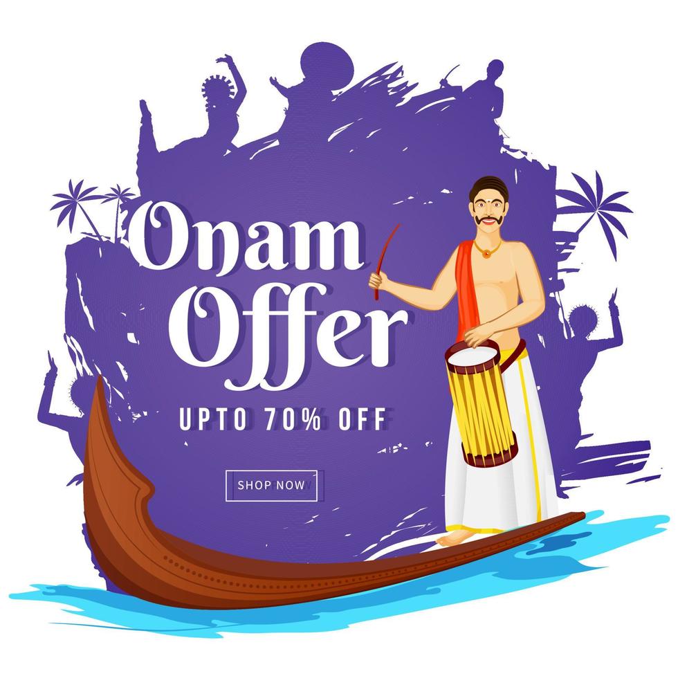 onam rebaja póster diseño con descuento oferta, aránmula bote, sur indio batería y púrpura cepillo carrera efecto en blanco antecedentes. vector