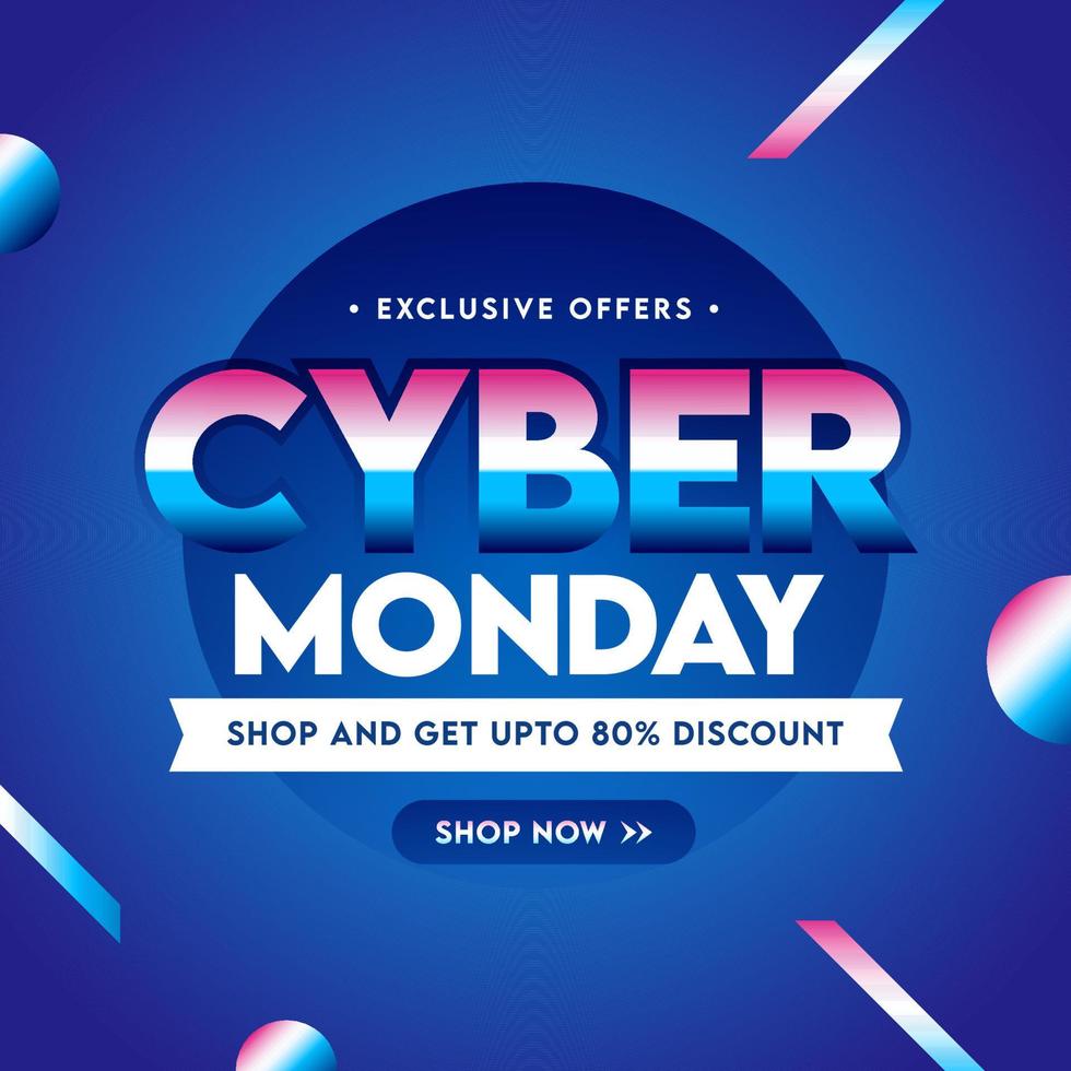 Cyber Monday Sale Poster Design with Discount Offer on Glossy Blue Background. vector