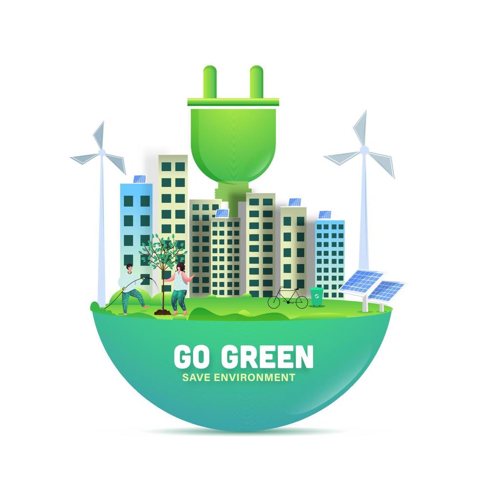 ilustración de personas jardinería juntos con edificios, solar paneles, molinos de viento, reciclaje compartimiento y enchufe en medio globo para Vamos verde salvar ambiente concepto. vector