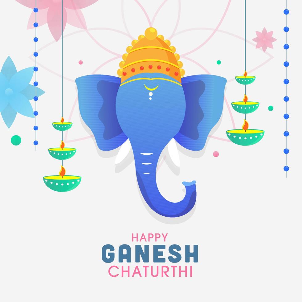Illustration Of Lord Ganpati Face With Hanging Oil Lamps And Flowers On White Background For Happy Ganesh Chaturthi. vector