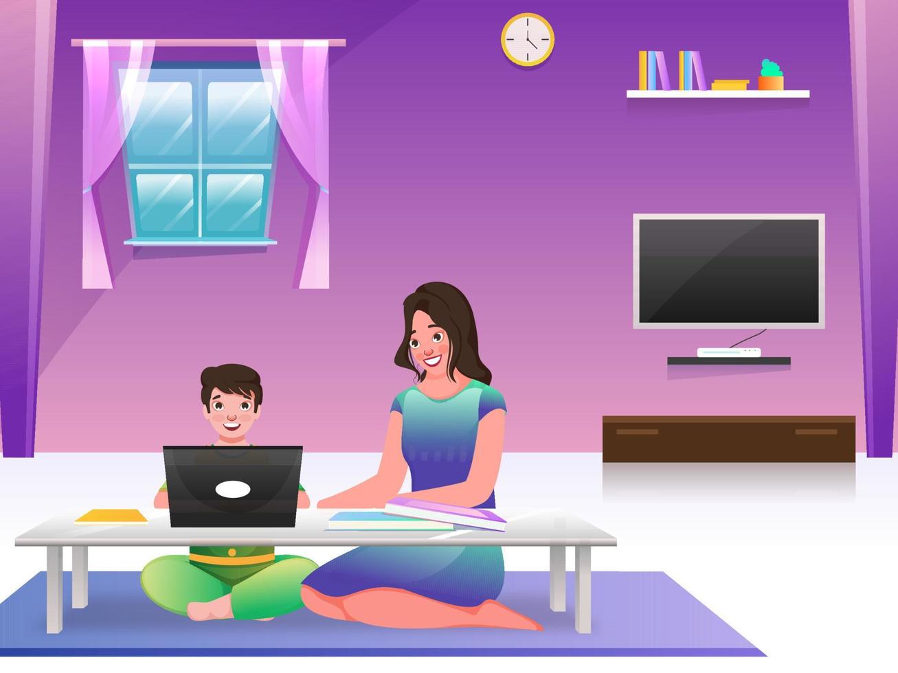 Modern Young Woman with Her Son Studying Online at Home to Protect From Coronavirus. vector