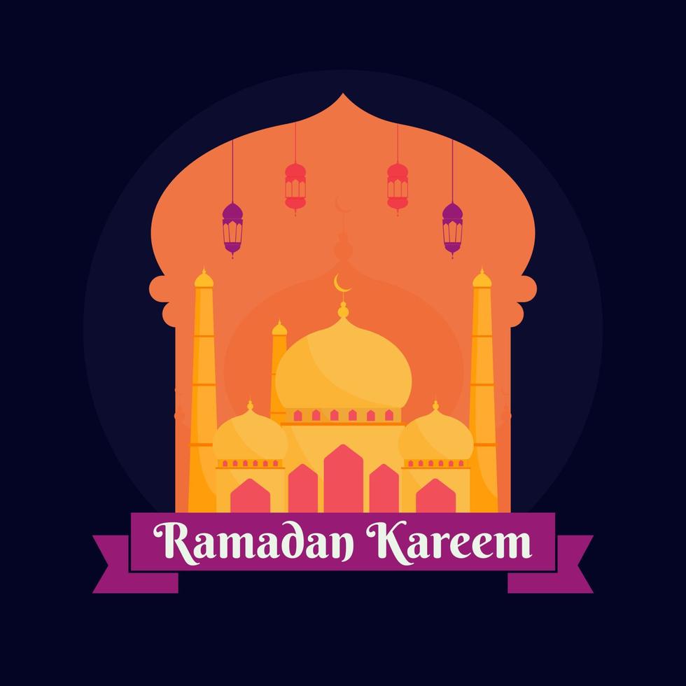 Islamic Holy Month of Ramadan Kareem concept with hanging colorful lanterns, and mosque on blue background. vector