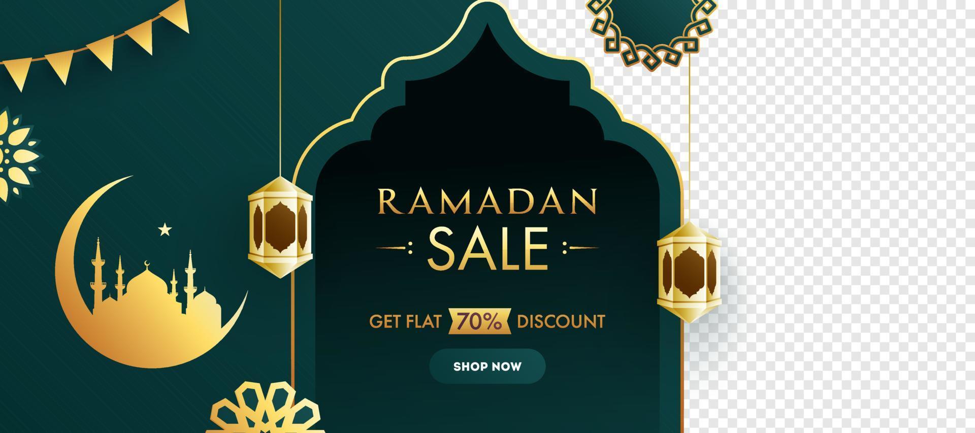 Islamic Holy Month of Ramadan Sale Banner with Golden Crescent Moon and Mosque on Green Background. vector