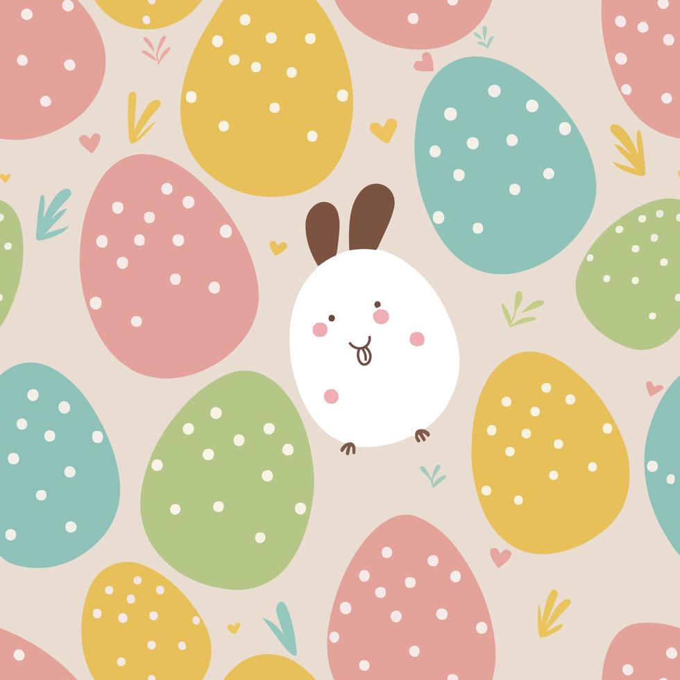 Flat Style Cute Cartoon Bunny Or Rabbit With Dotted Colorful Egg Shapes And Leaves Seamless Beige Background. Happy Easter Day Concept. vector