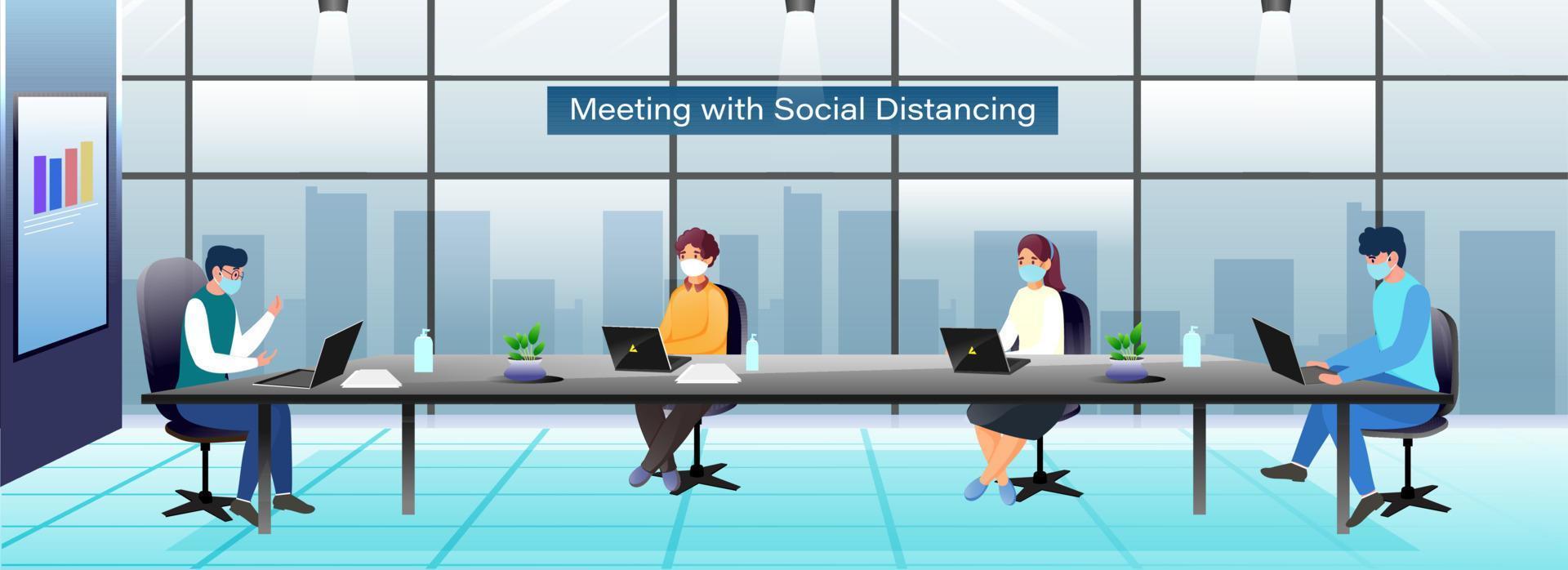 Business People Wear Protective Mask With Maintaining Social Distance In Meeting Room During Coronavirus. Advertising Header Or Banner Design. vector