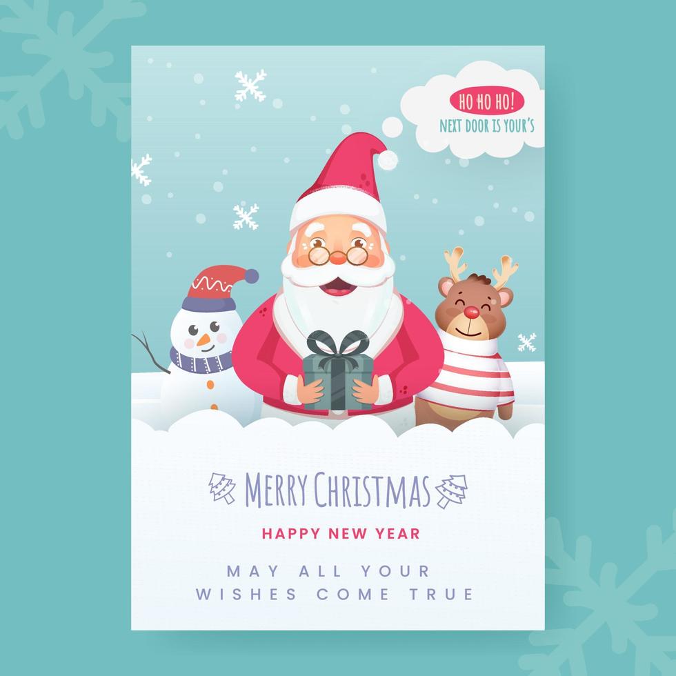 Merry Christmas Happy New Year Greeting Card With Cartoon Santa Claus Holding Gift Box, Snowman And Reindeer. vector