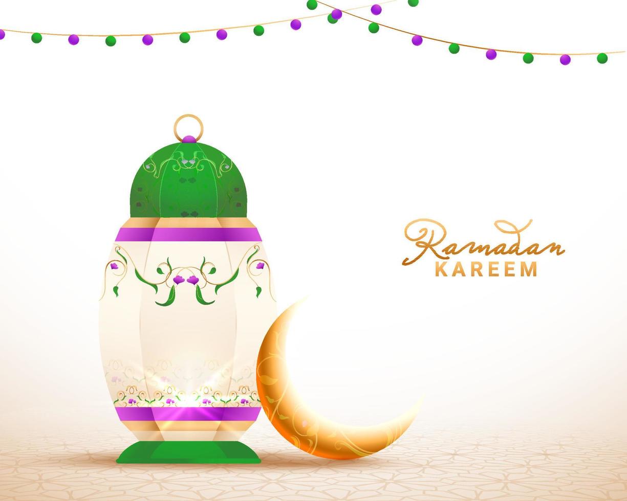 Illuminated arabic lantern and crescent golden moon for Holy month of Ramadan Kareem Concept. vector