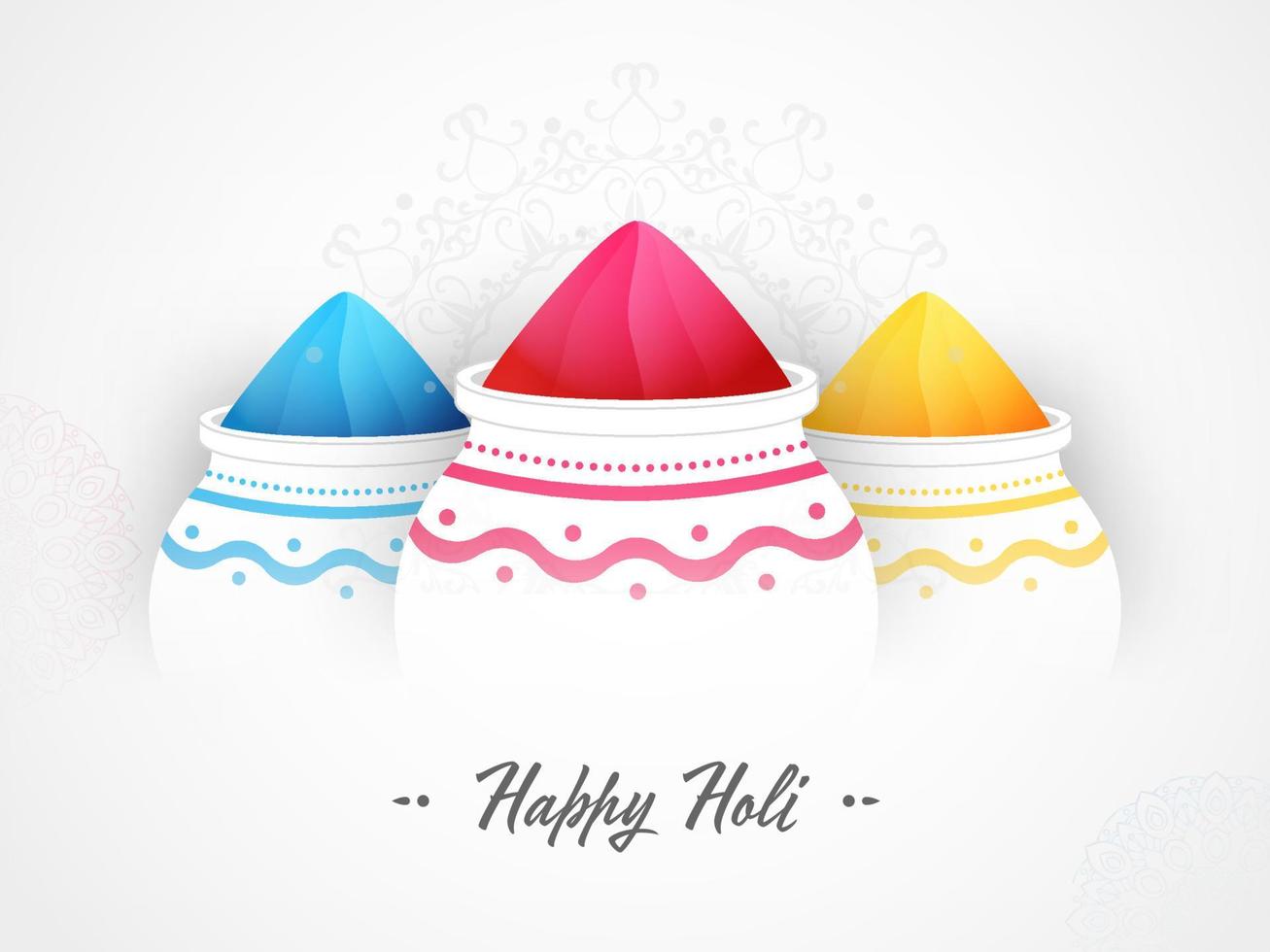 Happy Holi Celebration Concept With Three Pots Full of Color Powder On White Mandala Background. vector