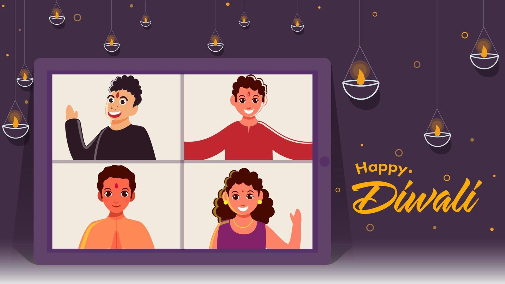 Cheerful Kids Having Video Chat Together on Smartphone Screen with Lit Oil Lamps for Happy Diwali Celebration. vector
