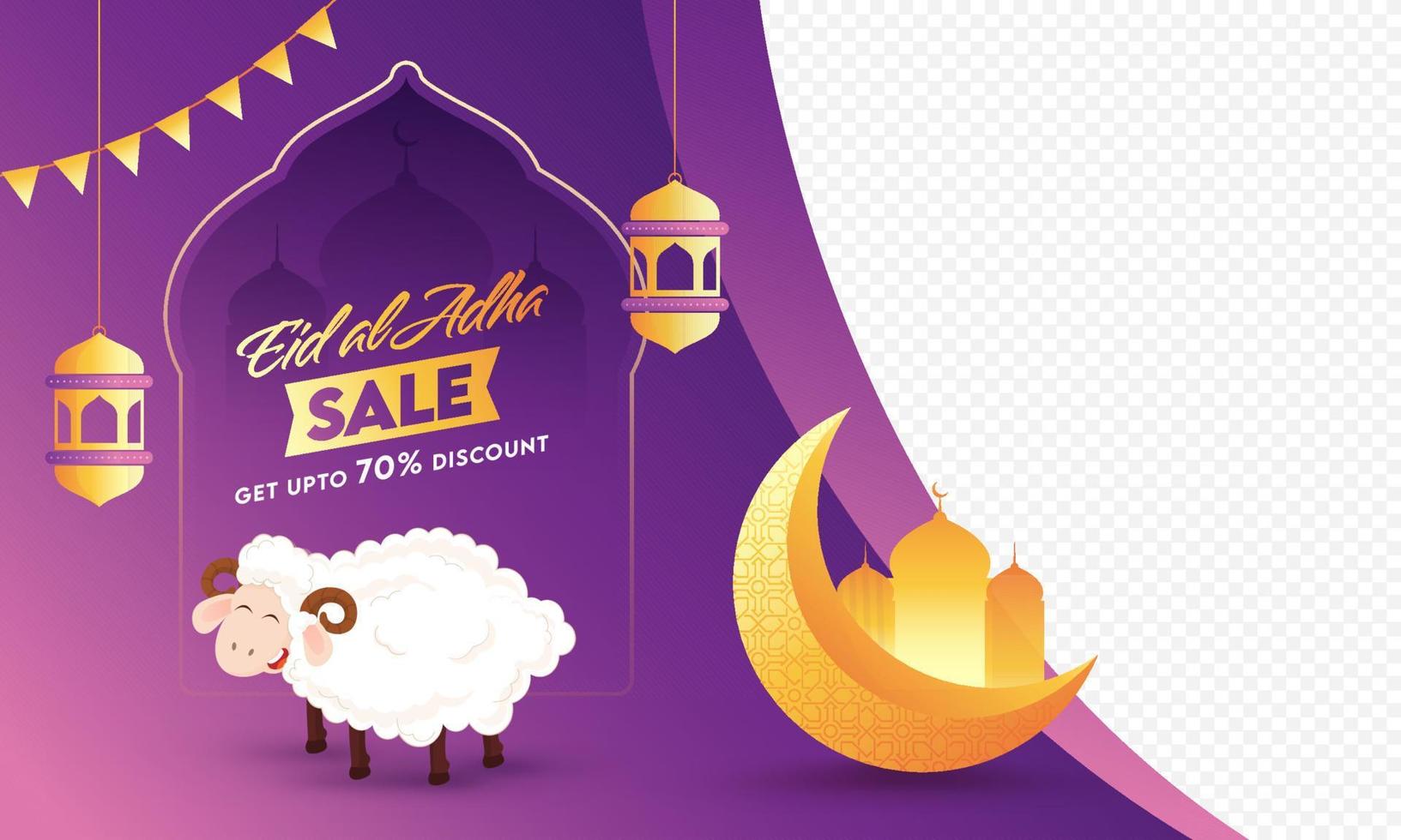 Eid Sale Banner Design with Discount Offer and Cartoon Sheep on Purple and Png Background. vector