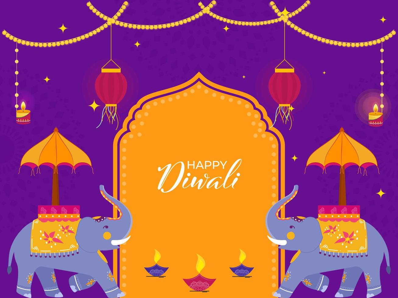 púrpura y amarillo antecedentes decorado con iluminado velas, linternas colgar, ardiente diya y dos elefante ilustración para diwali celebracion. vector