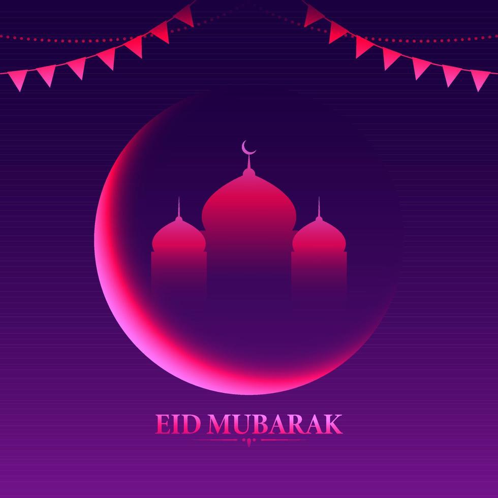 islámico festival eid Mubarak concepto con brillante creciente Luna y mezquita, verderón banderas en púrpura antecedentes. vector