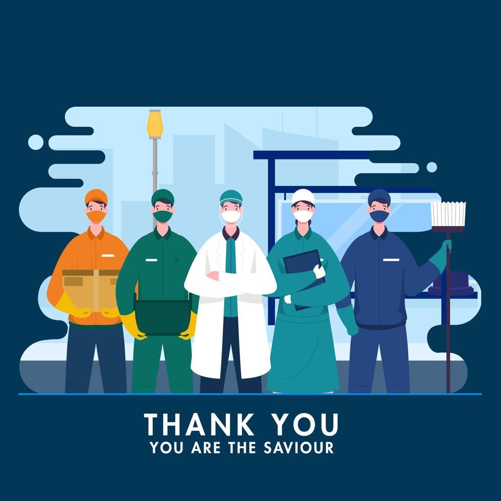 Thank You to saviour workers who work during coronavirus outbreak as doctor, nurse, sweeper, delivery boy on blue abstract cityscape background. vector
